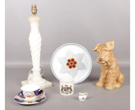 A small quantity of miscellaneous. Alabaster table lamp, Sylvac dog, Denby 'Chatsworth' plate, Coalport 'Ming Rose' miniature