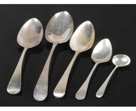 Five silver spoons. To include a large silver spoon assayed London 1788 by John Lambe, a dessert spoon assayed London 1806 by