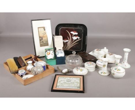 A box of miscellaneous. To include two boxed Royal Worchester egg coddlers, a small framed oriental watercolour of a bird in 