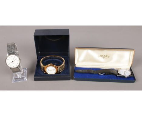 Three wristwatches; to include Sekonda manual wind example with 19 jewel movement, stamped USSR to dial, and cased Rotary Inc