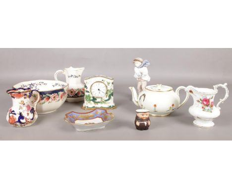 A quantity of miscellaneous. Mason's bowl, jugs, mantel clock, Royal Doulton teapot, Noritake pin dish, Coalport 'The Boy' fi