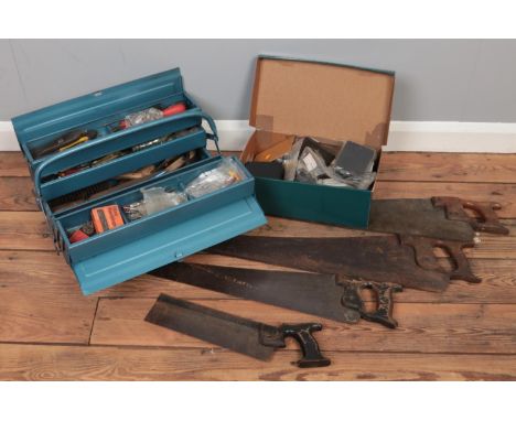 A quantity of assorted hand tools. To include metal tool box, hand saws, box of electronic parts etc  