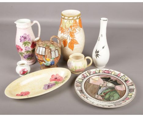 A collection of ceramics. Includes a Crown Ducal Charlotte Rhead vase (26.5cm), Radford pottery, Royal Doulton plate etc.  Cr