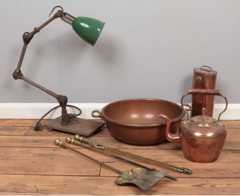 A small quantity of miscellaneous. Vintage Copper kettle, large bowl &amp; hot water bottle, brass fire compendium tools, vin