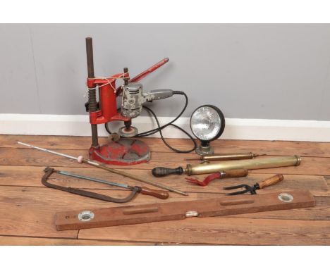 A quantity of assorted tools. To include vintage drill stand &amp; drill, spirit level, hacksaw etc  