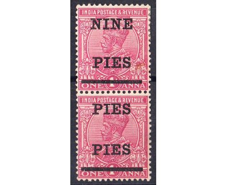 1921 9p on 1a rose-carmine vertical pair, the lower stamp with "PIES PIES" error Mint, both stamps creased. SG 192b Cat £130 