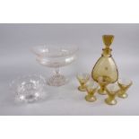 An Art Deco yellow glass liqueur set of five glasses (chips), a 19th century glass centrepiece, 7