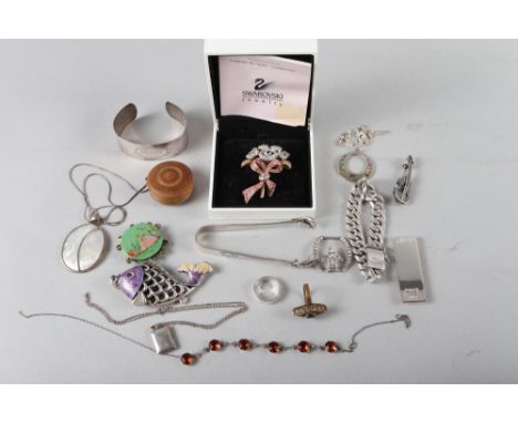 A quantity of white metal jewellery, including a curb link bracelet, stamped 925, a white metal brooch, in the form of a viol
