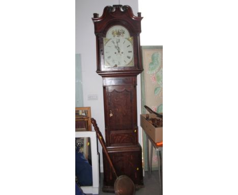 An early 19th century oak, mahogany and inlaid longcase clock with painted dial, eight-day striking movement, swan neck pedim