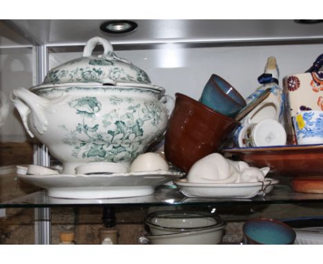 A 19th century pottery cheese dish and cover, 6" high, six studio pottery goblets, a soup tureen and cover, on stand, a Persi