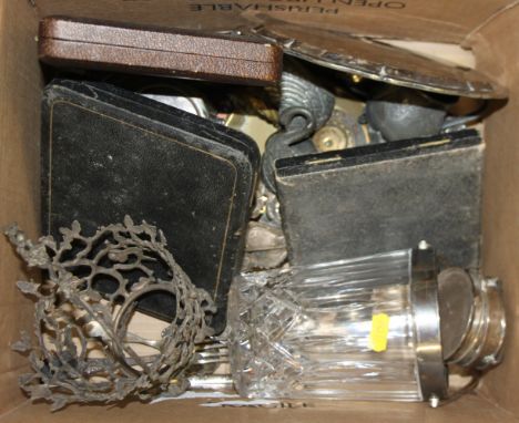 A quantity of cased and loose silver plated trays, a candlestick and other items