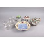 A Royal Doulton floral decorated teapot and matching milk jug, a cress dish, a pair of cut glass