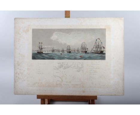 A 19th century hand-coloured lithograph French and British ships in review order off Portsmouth, unframed 