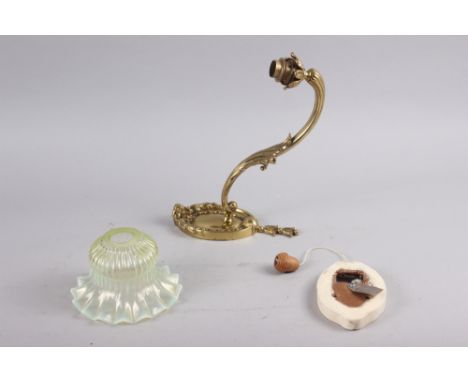 A brass acanthus scroll single arm wall lamp with gasoline glass shade, arm 11" long 