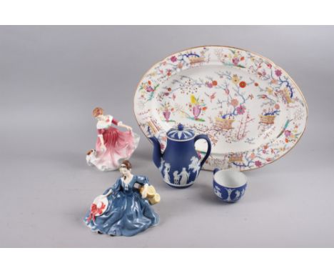 A Victorian Wedgwood jasperware teapot with classical decoration, a similar teacup, a Royal Doulton figure, "My Best Friend" 