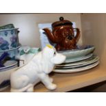 A blue and white toilet jug and basin, a pair of planters, on stands, a floral decorated watering
