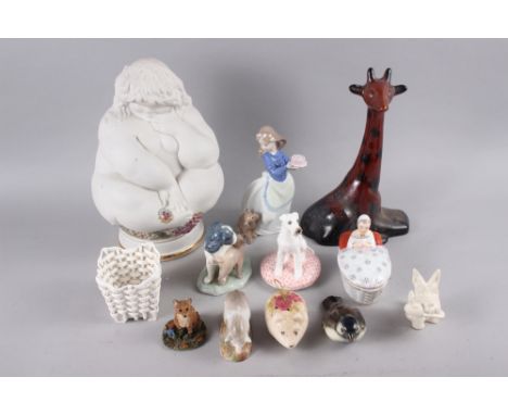 A Royal Doulton Top Dogs model, "Bobo", 4 3/4" high, two Nao figure groups, a bisque figure of a rotund bacchant, 11" high, a