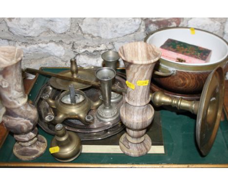 A pair of turned alabaster vases, 10" high, a brass five-light oil lamp, two oak bowls, three silver plated trays and a pair 