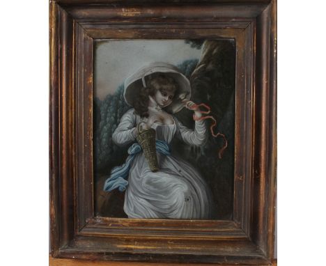 A late 18th century bodycolour on glass portrait of an unknown woman with basket, 9 1/4" x 7 1/4", in gilt frame
