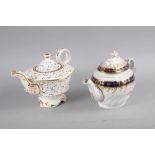 An early 19th century teapot with blue and gilt decoration, 6 1/2" high, and a mid 19th century
