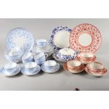 A Derby porcelain "Osborne" pattern part teaset, a part teaset with plate and a Minton muffin