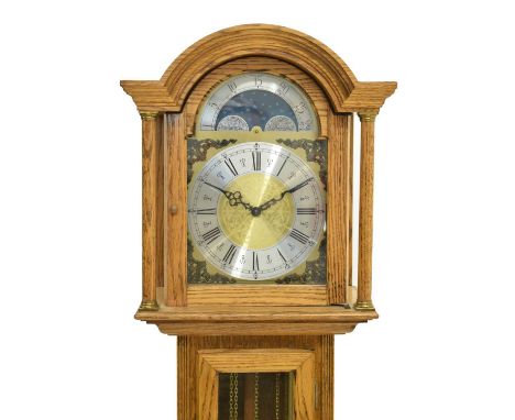 Smallcombe clocks - Reproduction oak cased grandmother clock, the break-arch dial the silvered Roman chapter ring enclosed wi