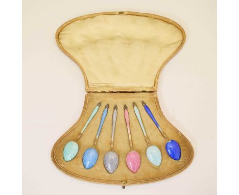 Set of six silver and guilloche enamel Harlequin teaspoons, import marks for London 1912, cased