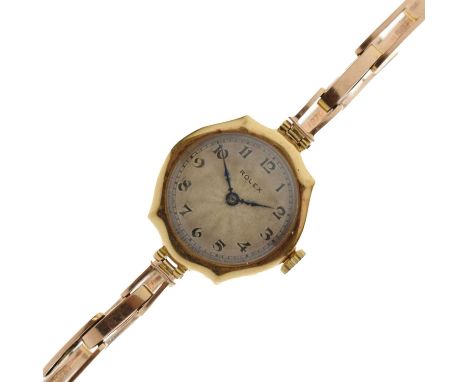 Rolex - Lady's 1920s 18ct gold cased bracelet watch, the silvered guilloche dial with Arabic hour markers, and blued steel ha