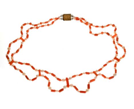 Coral and pearl two-strand necklace with yellow metal clasp, 40cm long approx