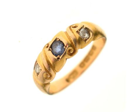 Edwardian sapphire and diamond 18ct gold ring, two rose cut diamonds and an oval sapphire, size K, 3.9g approx