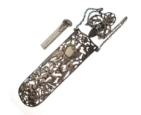 George V silver posy holder, Birmingham 1912, 5.3cm long, and a late Victorian silver chatelaine clip with spectacle holder m
