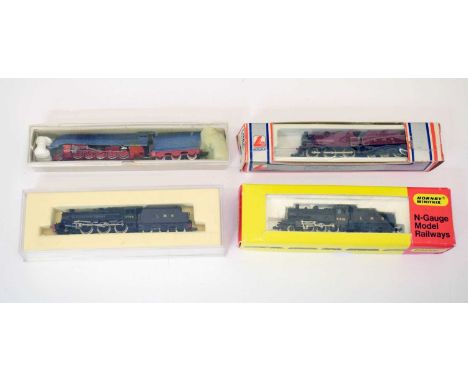 Mixed group of four 'N' gauge railway trainset locomotives comprising; Graham Farish LMS 5044, Lima LMS, Hornby Minitrix, and