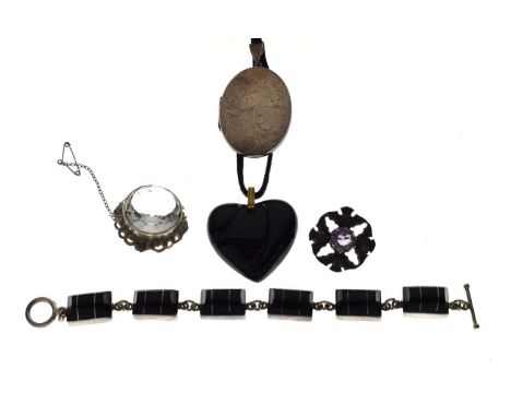 Baccarat heart-shaped glass pendant, with paperwork and box, together with a Mexican silver and onyx bracelet, a Scottish ame