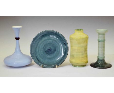 Moorcroft - Four colour trial pieces, comprising candlestick, waisted vase, vase with attenuated neck over squat body and a p