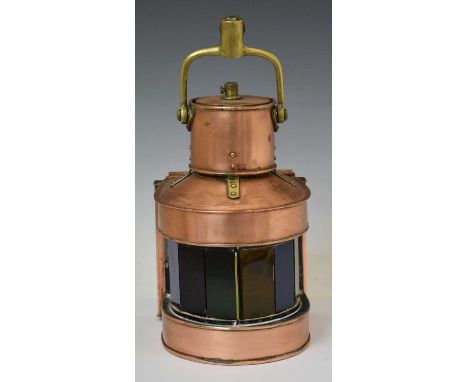 Birmingham Engineering Company copper and brass masthead lamp, with muti-coloured stain glass panels, makers plaque verso, 40