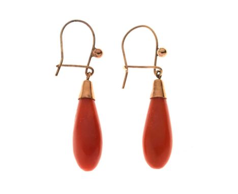 Victorian coral drop earrings, unmarked yellow metal, 35mm long approx including fittings