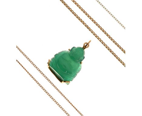 Jade Buddha pendant with yellow metal mount, on a 9ct gold box link chain, and with two yellow metal fine link chains (one a 