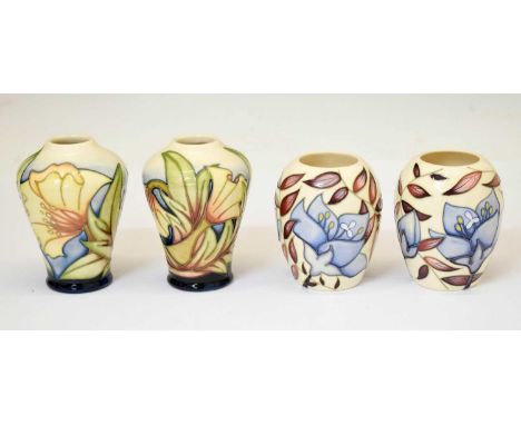 Moorcroft - Pair of ovoid vases in 'Jacob's Ladder' pattern, together with two shoulder vases in the 'Ode to May' pattern, pa