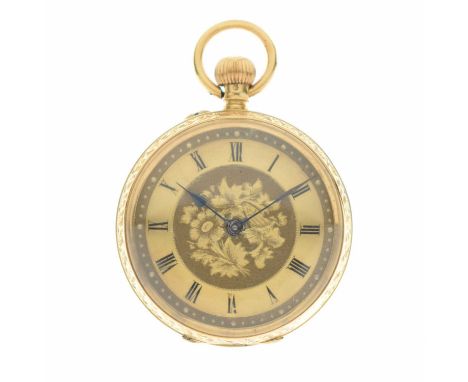 Early 20th century 18ct gold cased pocket watch, Dimier Freres &amp; Cie, the gilt chapter ring Roman dial with engraved flor