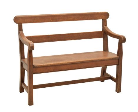 Pine two-seater open back church pew, with bible rest to back, 97cm (seats widest point) x 86cm high