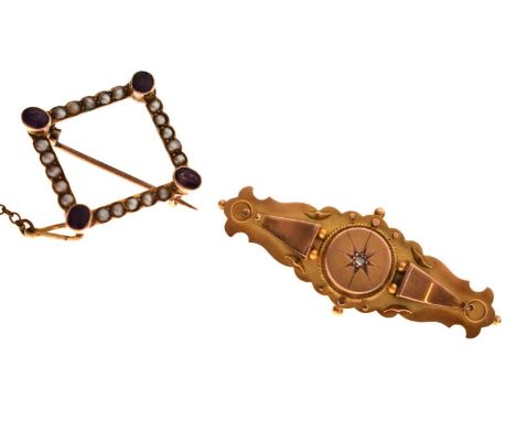 Late 19th / early 20th century 9ct gold brooch set rose cut diamond, 43mm wide approx, 2.5g gross approx, and an amethyst and