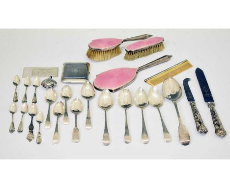 Set of four Georgian silver dessert spoons, a Continental white-metal cigarette case, a quantity of white metal teaspoons, a 