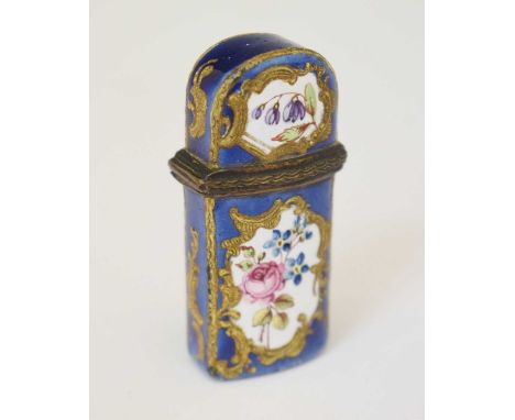Late 18th / 19th century enamel scent / perfume bottle case, of Bilston type, with gilt scroll and floral reserves, 5.5cm hig