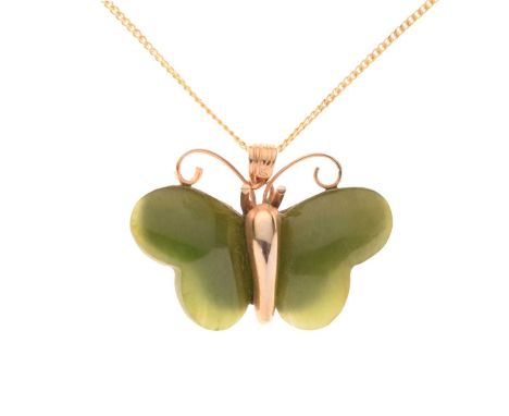 Jade butterfly pendant, 25mm wide approx, on a 9ct gold fine curb link chain, 4.5g gross approx