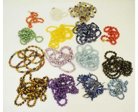 Assorted bead necklaces to include lapis lazuli, amethyst, tigers eye, coral, amazonite, chrysoberyl, dyed pearl, glass etc