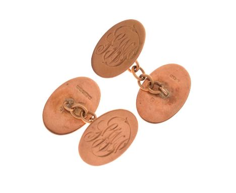 Pair of George V 9ct rose gold cufflinks, with oval panel with engraved monogram, Birmingham 1919, 4.5g approx