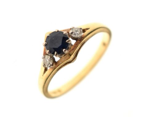Sapphire and diamond three-stone 18ct gold ring, size K, London 1977, 2.7g gross approx