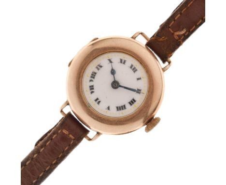Lady's 1920s 9ct rose gold cased wristwatch, the white enamel dial with Roman hour markers, and blued steel hands, dedication