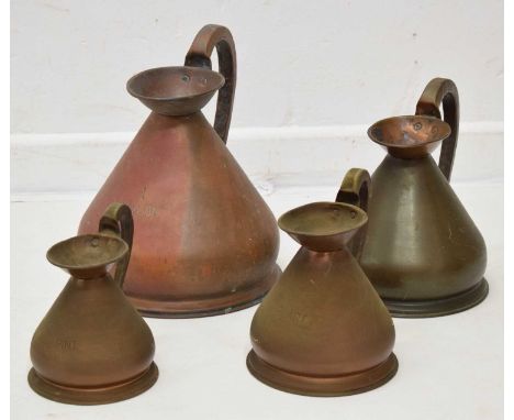 Set of four copper measuring jugs - 1 Gallon, Half, Quart, and Pint, all with lead 'H R' excise seal, 30cm high and smaller (