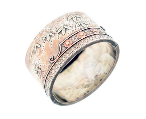 Victorian Aesthetic-style wide hinged bangle, having applied rose and yellow gold decoration, unmarked, 38mm wide, 50g approx